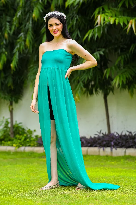 Exclusive Teal Off-Shoulder Long Trail Maternity Photoshoot Gown