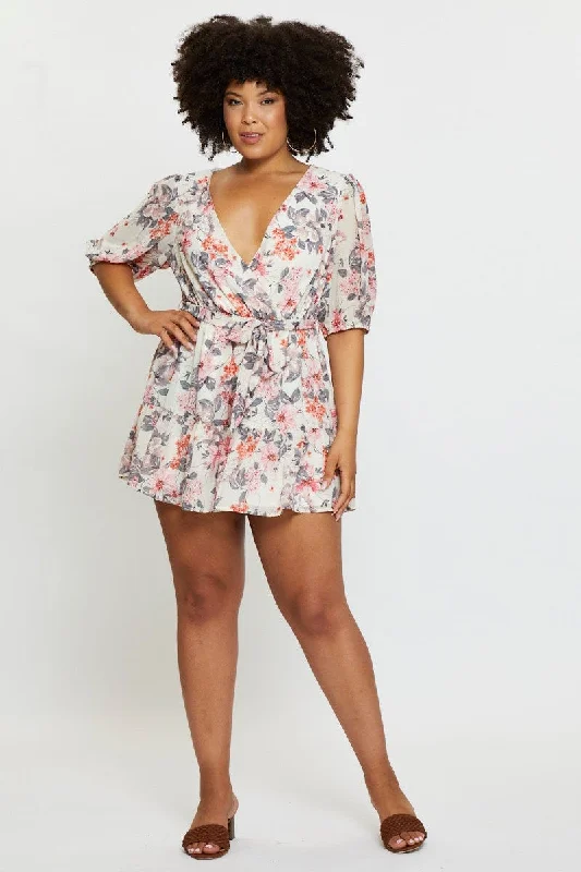 Floral Print Playsuit V-neck Short Sleeve Ruffle Hem