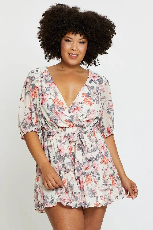 Floral Print Playsuit V-neck Short Sleeve Ruffle Hem