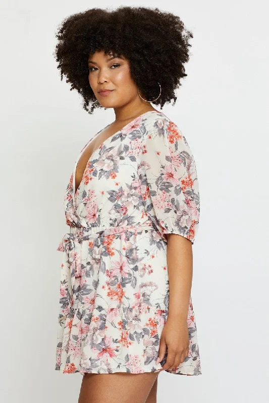 Floral Print Playsuit V-neck Short Sleeve Ruffle Hem