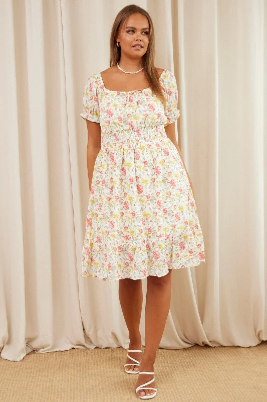 Floral Print Skater Dress Off Shoulder Short Sleeve