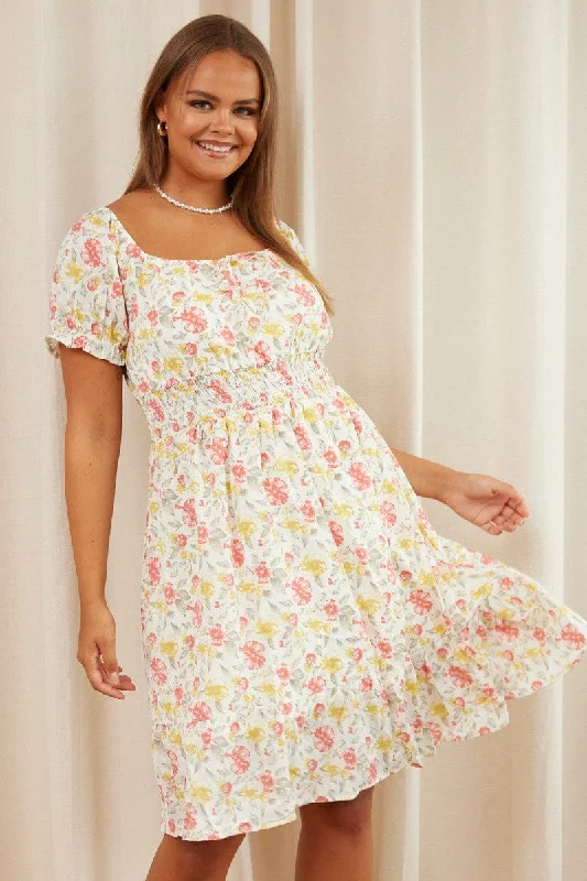 Floral Print Skater Dress Off Shoulder Short Sleeve