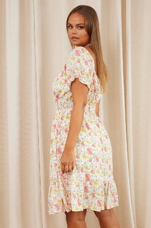 Floral Print Skater Dress Off Shoulder Short Sleeve