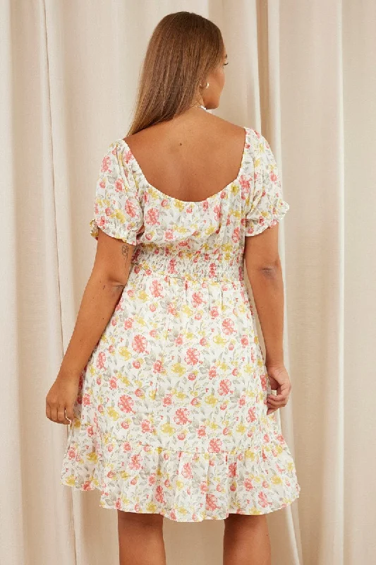 Floral Print Skater Dress Off Shoulder Short Sleeve