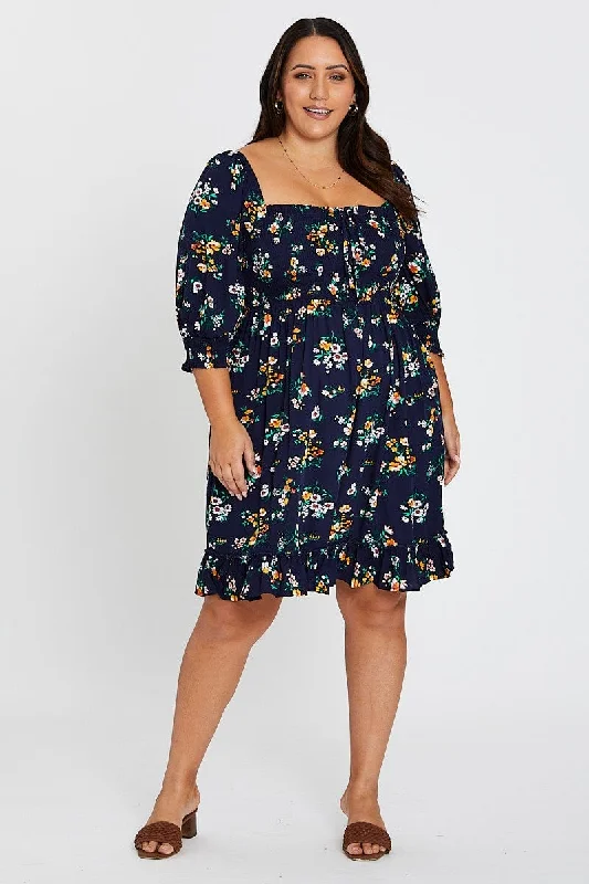 Floral Print Skater Dress Scoop Neck Short Sleeve