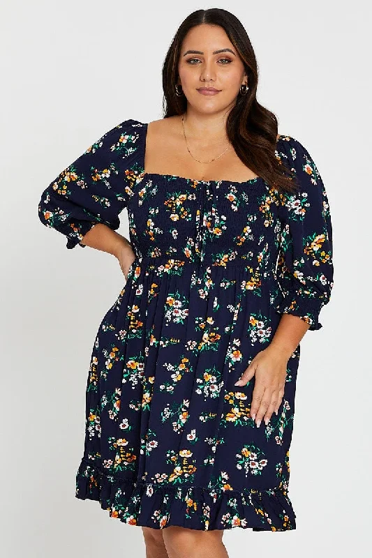 Floral Print Skater Dress Scoop Neck Short Sleeve