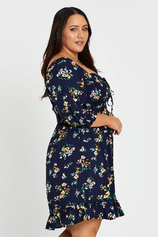 Floral Print Skater Dress Scoop Neck Short Sleeve