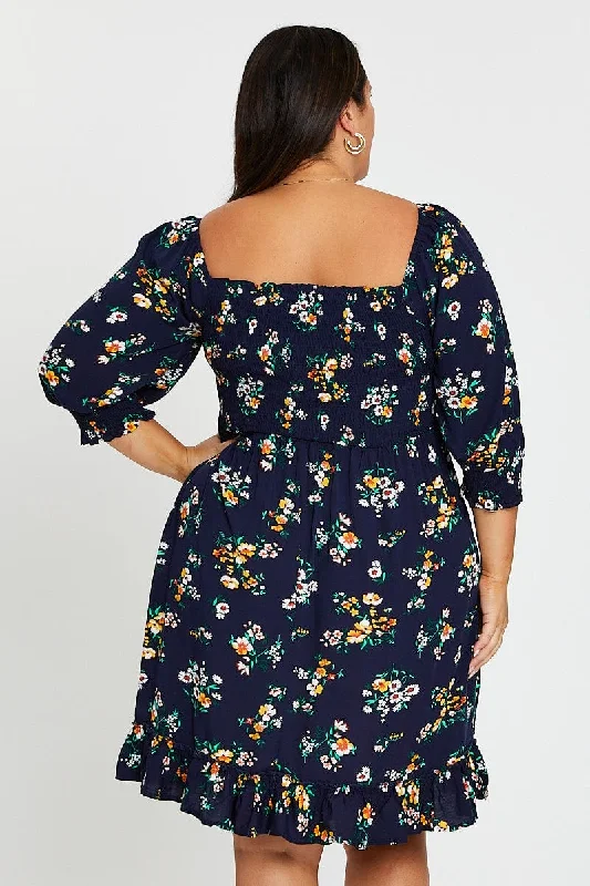 Floral Print Skater Dress Scoop Neck Short Sleeve