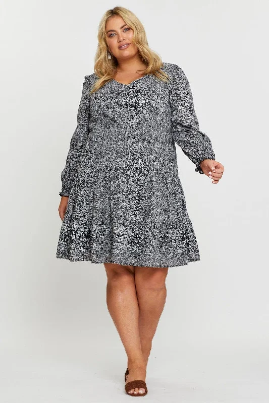 Geo Print Skater Dress V-neck Long Sleeve