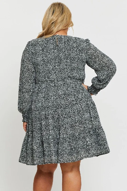 Geo Print Skater Dress V-neck Long Sleeve