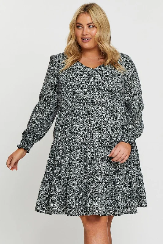 Geo Print Skater Dress V-neck Long Sleeve