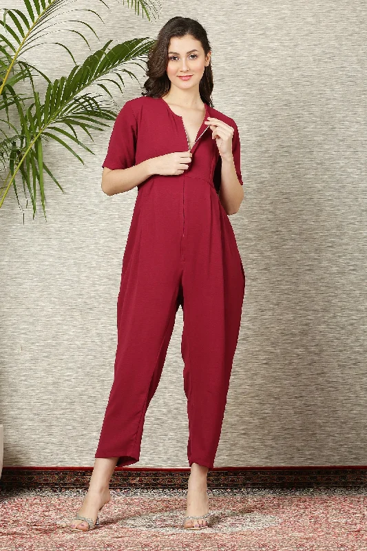 Graceful Burgundy Maternity & Nursing Jumpsuit