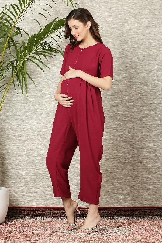 Graceful Burgundy Maternity & Nursing Jumpsuit