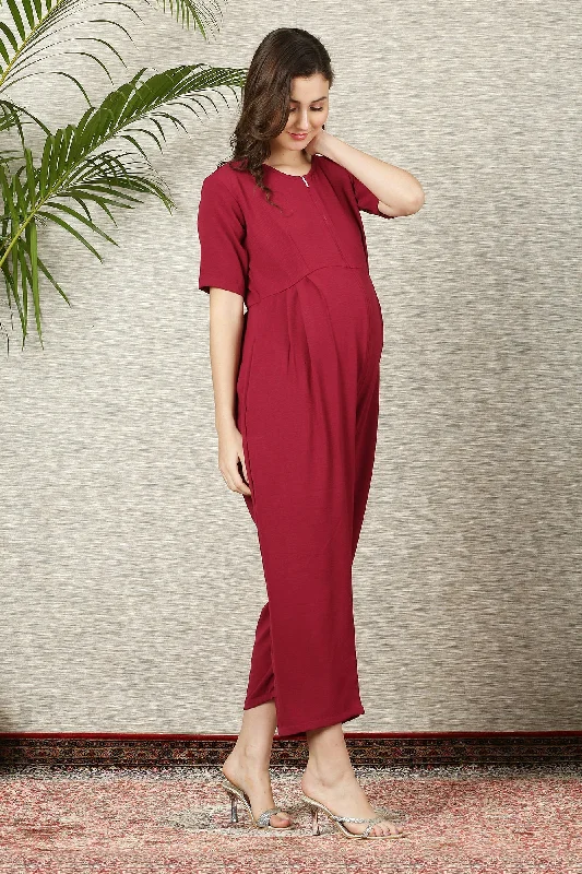 Graceful Burgundy Maternity & Nursing Jumpsuit