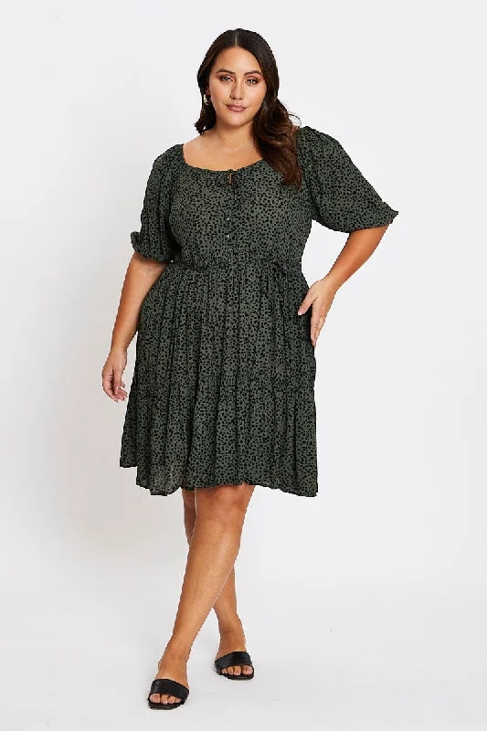 Green Animal Print 3/4 Sleeve Button Up Dress