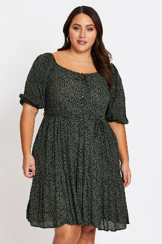 Green Animal Print 3/4 Sleeve Button Up Dress