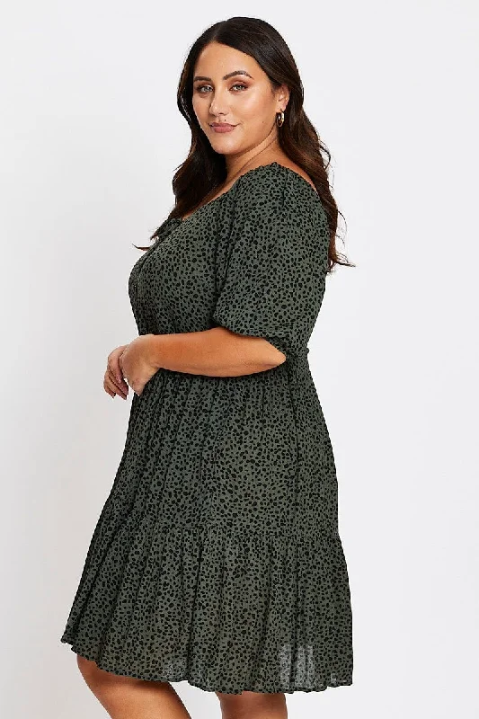 Green Animal Print 3/4 Sleeve Button Up Dress