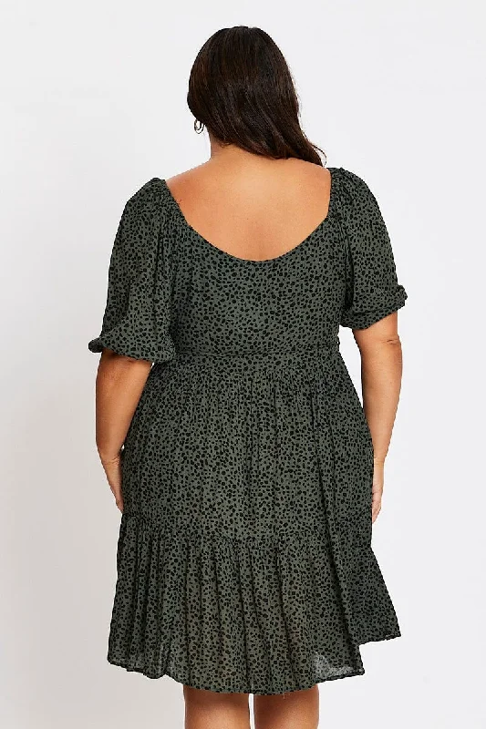 Green Animal Print 3/4 Sleeve Button Up Dress