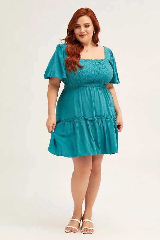 Green Short Sleeve Shirred Skater Dress