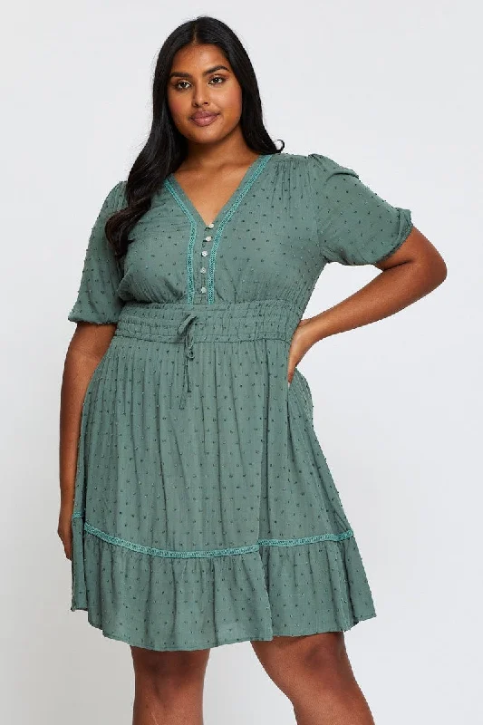 Green Skater Dress V-neck Short Sleeve Tie