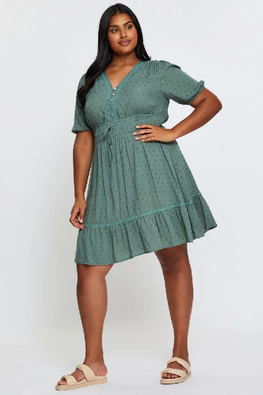 Green Skater Dress V-neck Short Sleeve Tie