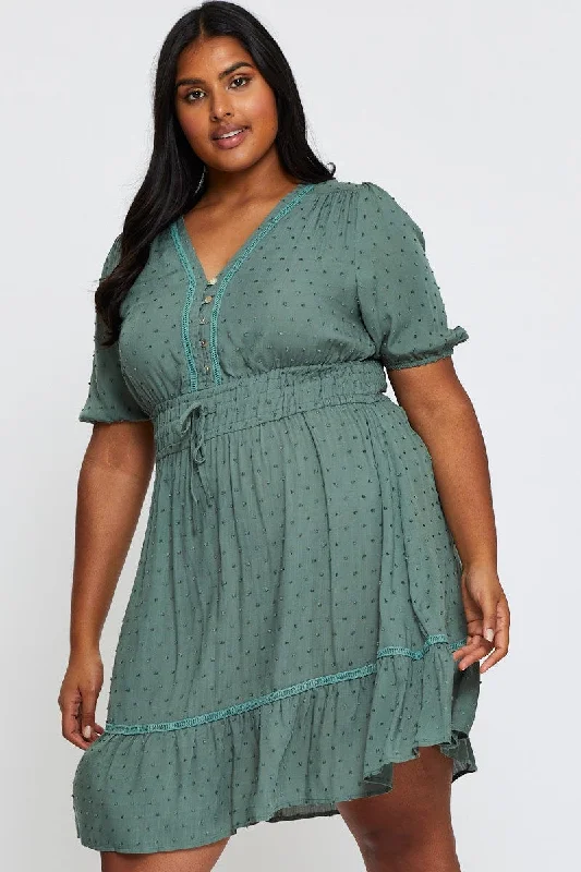 Green Skater Dress V-neck Short Sleeve Tie