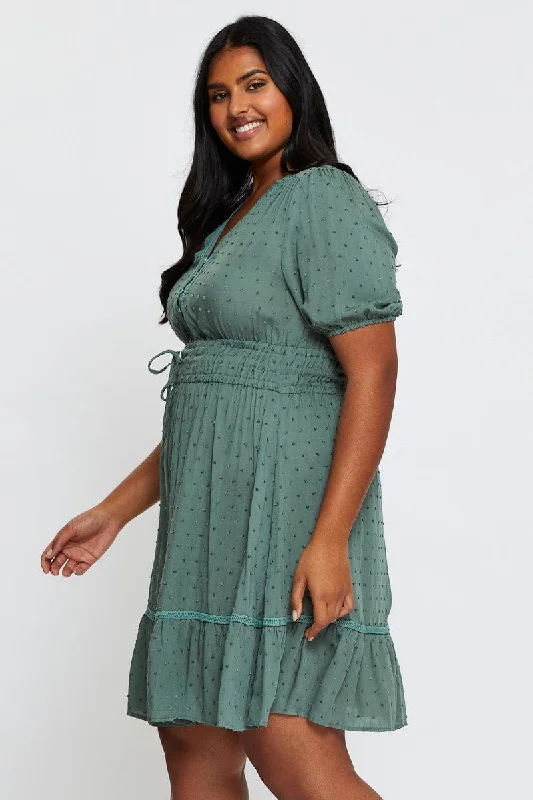 Green Skater Dress V-neck Short Sleeve Tie