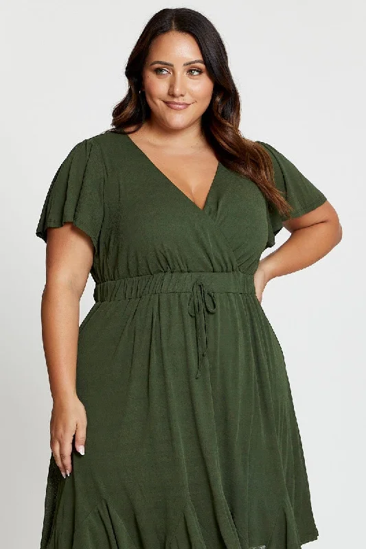 Green Skater Dress V-neck Short Sleeve Waist Tie