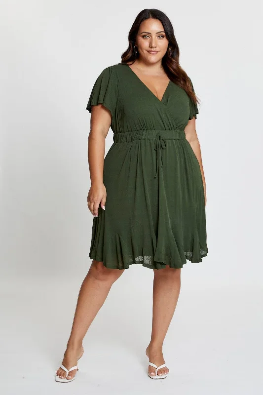 Green Skater Dress V-neck Short Sleeve Waist Tie