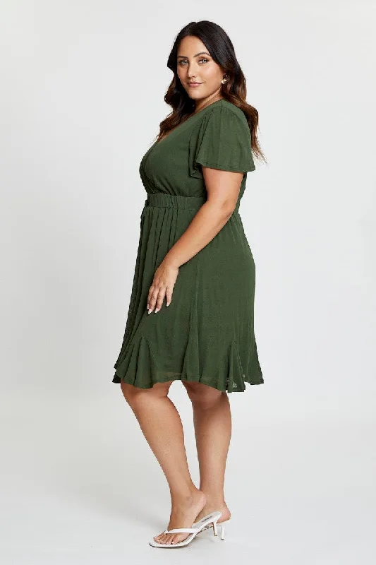 Green Skater Dress V-neck Short Sleeve Waist Tie