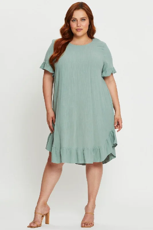 Green Smock Dress Round Neck Short Sleeve Ruffle Hem