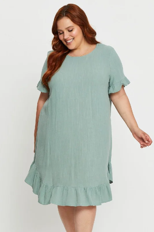 Green Smock Dress Round Neck Short Sleeve Ruffle Hem