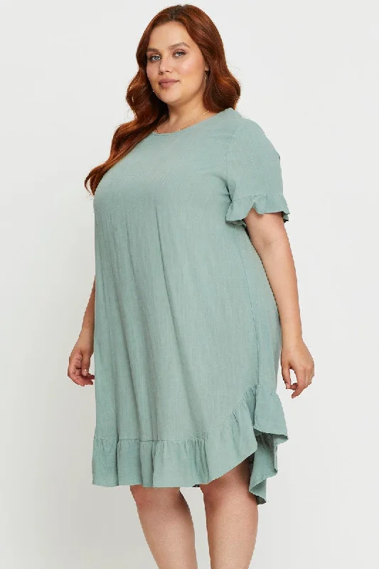 Green Smock Dress Round Neck Short Sleeve Ruffle Hem