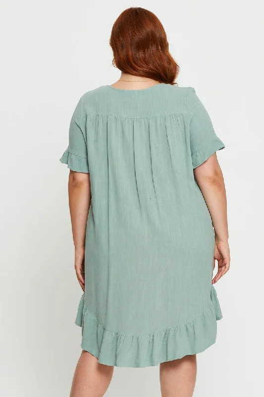 Green Smock Dress Round Neck Short Sleeve Ruffle Hem