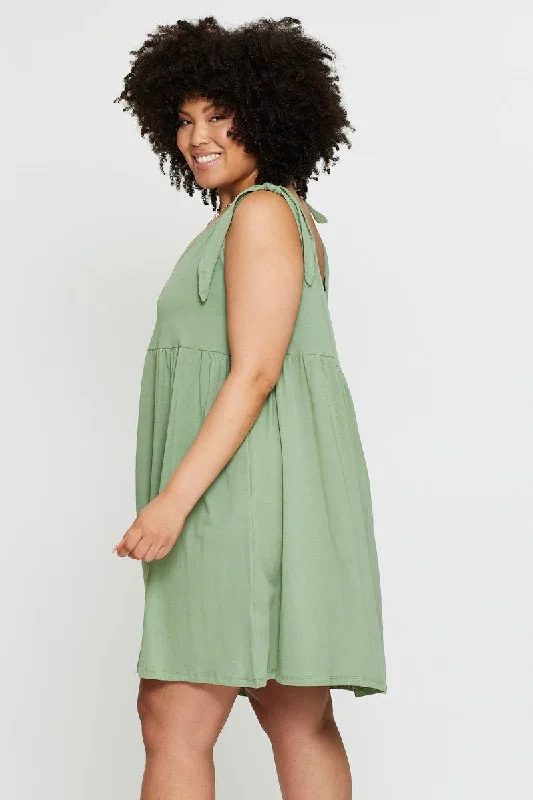 Green Smock Dress Scoop Neck Sleeveless Tie