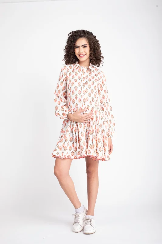 Ivory Floral Pop Maternity & Nursing Shirt Dress (100% Cotton)