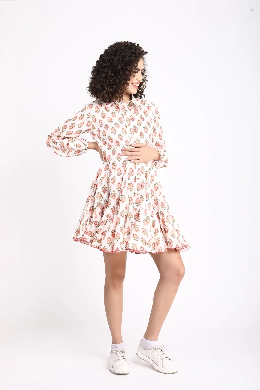 Ivory Floral Pop Maternity & Nursing Shirt Dress (100% Cotton)