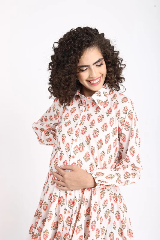 Ivory Floral Pop Maternity & Nursing Shirt Dress (100% Cotton)