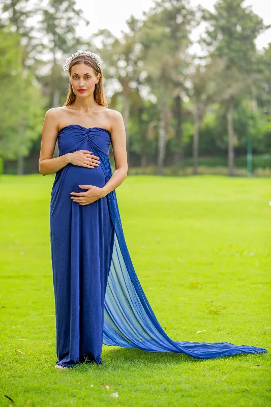 Luxe Royal Blue Off-Shoulder Trail Maternity Photoshoot Gown