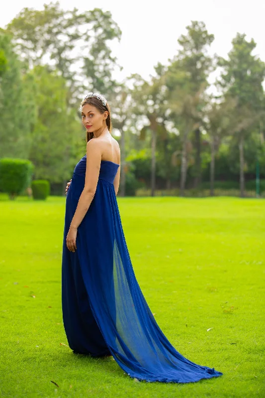 Luxe Royal Blue Off-Shoulder Trail Maternity Photoshoot Gown