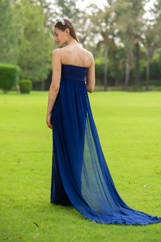 Luxe Royal Blue Off-Shoulder Trail Maternity Photoshoot Gown