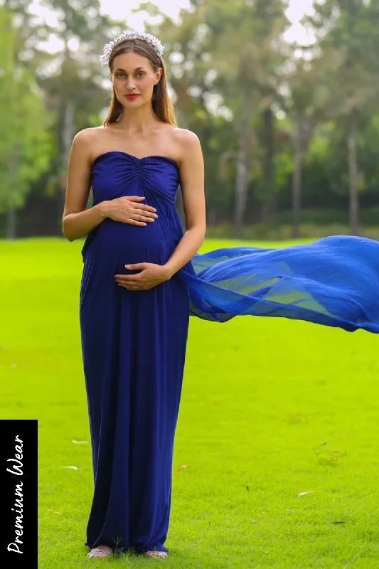 Luxe Royal Blue Off-Shoulder Trail Maternity Photoshoot Gown