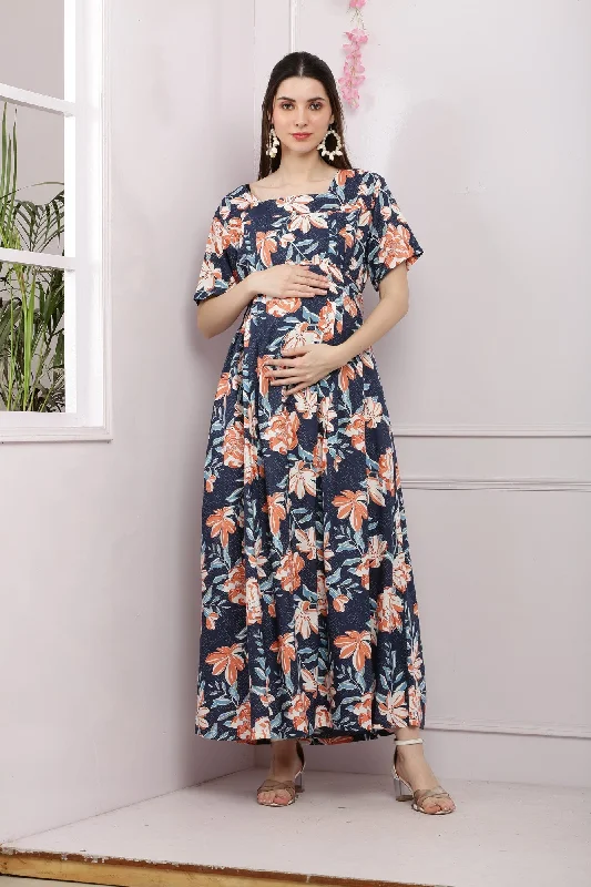 Midnight Blue Flowerbomb Maternity & Nursing Maxi Dress