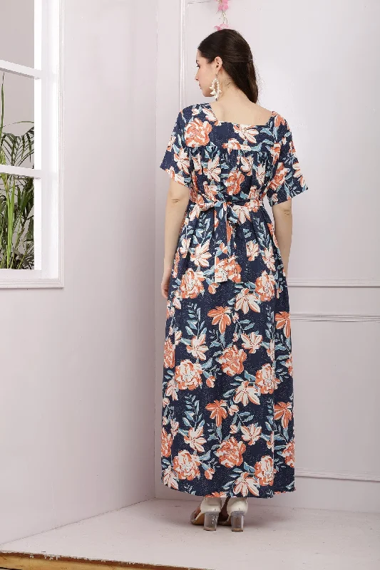 Midnight Blue Flowerbomb Maternity & Nursing Maxi Dress