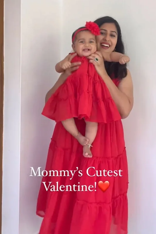 Mini Me (Mother-Daughter) Candy Red Maternity & Nursing Concealed Zips Frill Dress (Set Of 2)