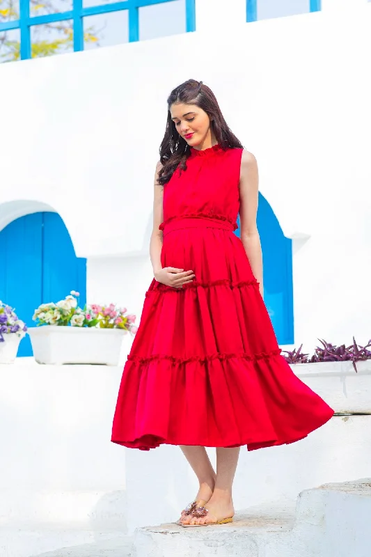 Mini Me (Mother-Daughter) Candy Red Maternity & Nursing Concealed Zips Frill Dress (Set Of 2)