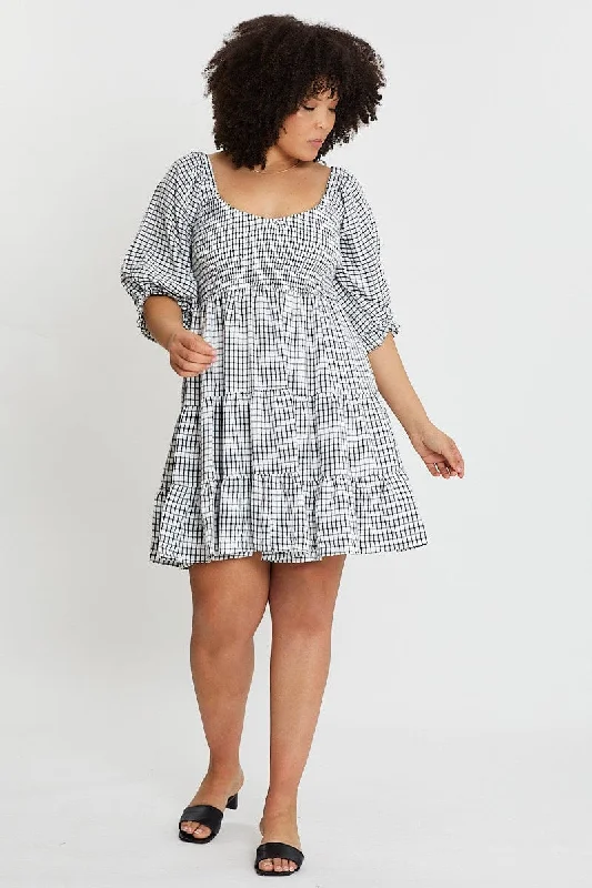 Multi Colour Skater Dress Mini Check Puff Sleeve