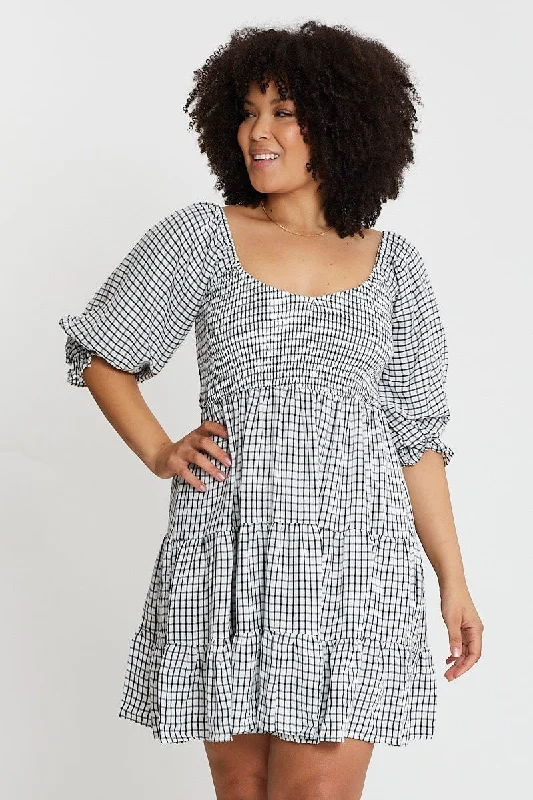 Multi Colour Skater Dress Mini Check Puff Sleeve