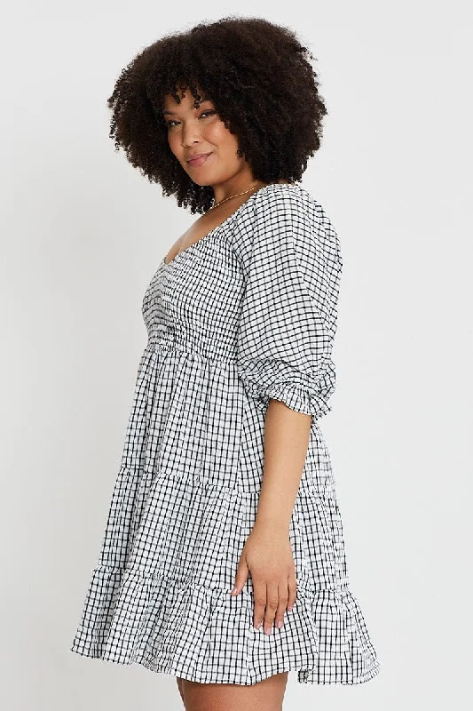 Multi Colour Skater Dress Mini Check Puff Sleeve