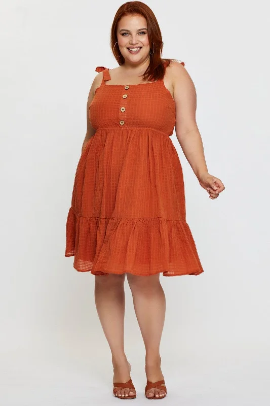 Orange Skater Dress Square Neck Sleeveless Tie